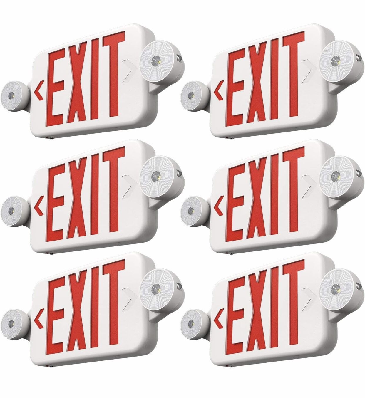 UNUSED! 6 Pack Red Exit Signs with Emergency Lights, Two LED Adjustable Head Emergency Exit Light with Battery Backup,Hard Wired,UL Listed,