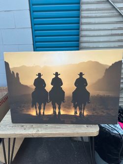 Cowboy Silhouette Stretched Canvas Print Western Wall Art Beige Black
