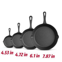 TUMATICLY Cast Iron Skillet Set, 4-Piece, Black, Pre-Seasoned, 4.53 in 4.72in 6.1in 7687in, Compatible with All Cooktops