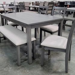 ✅️✅️ 6 pc grey finish wood dining table set padded seat chairs and bench ✅️