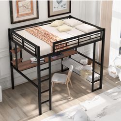 Full Size Loft Bed with Desk and Shelves, Metal Loftbed Frame 