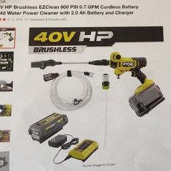 Ryobi 40V HP Brushless EZClean 600psi 0.7 GPM Cordless Battery Cold Water Power Cleaner 