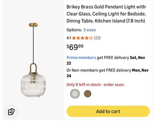 Brikey Brass Gold Pendant Light with Clear Glass, Ceiling Light for Bedside, Dining Table, Kitchen Island (7.8 Inch)