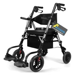 NEW Akoasm Foldable Rollator Walker with Seat and Wheelchair Combo New, Open Box Transport Chair with Brakes, Adjustable Seat, 300 Pound Capacity