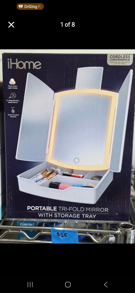 iHome Portable Tri-Fold Lighted Vanity Mirror with Storage iCVS30, Freestanding