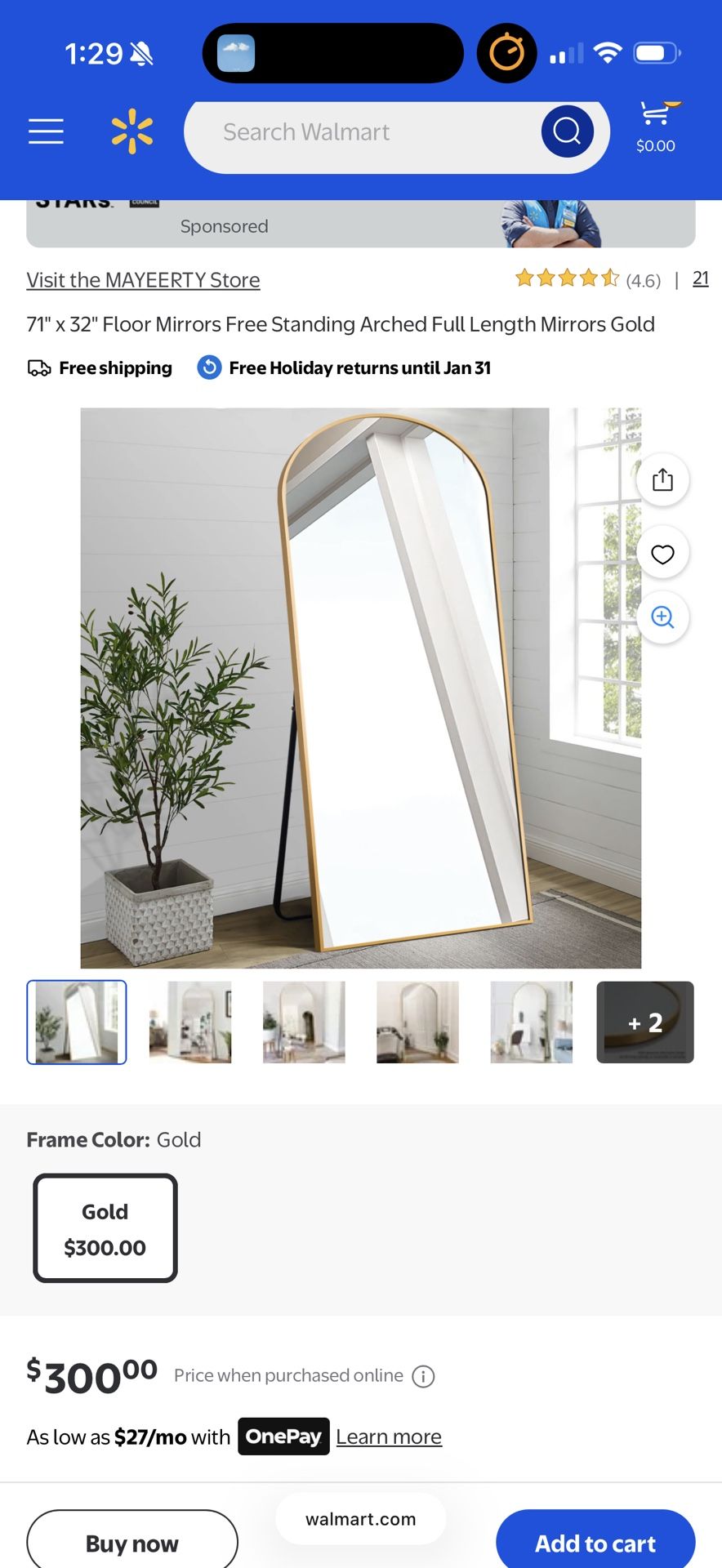 71" × 32" Floor Mirrors Free Standing Arched Full Length Mirrors Gold
