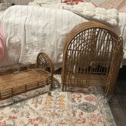 Wicker/rattan Doll Bed And Doll Closet 