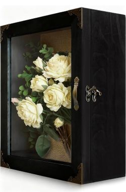 11x13 Shadow Box Frame 5 Inch Deep Display Case, Rustic Burnt Wood, Acrylic Door with Hinged Design, Vintage Metal Handle and Latch, Linen Back