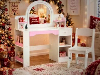 Brand new kids vanity with mirror, chair storage (white)