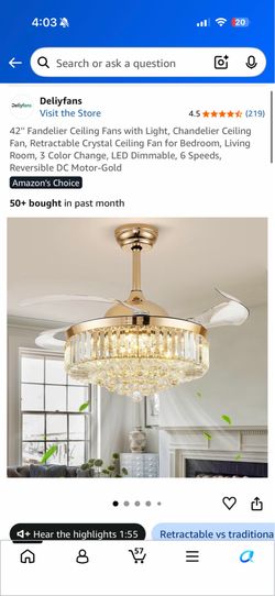 42'' Fandelier Ceiling Fans with Light, Chandelier Ceiling Fan, Retractable Crystal Ceiling Fan for Bedroom, Living Room, 3 Color Change, LED Dimmable