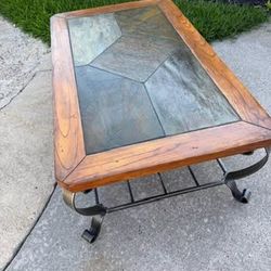 Raymour & Flanigan Two-Tier farm house Rustic Rectangular Coffee Table  Tile Inlay Oak Border