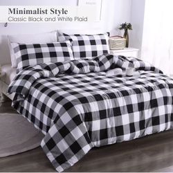 Andency Black Grey White Plaid Comforter Set Full Size (79x90 Inch), 3 Pieces (1 Gingham Comforter and 2 Pillowcases), Summer Lightweight Microfiber B