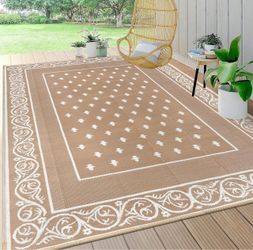 6x9 Waterproof Outdoor Rug, Plastic Straw Patio Rug, Bordered Beige UV Resistant