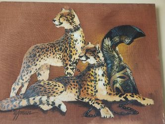Mid-Century Modern Large Painting of Cheetahs on Burlap Signed Wyman