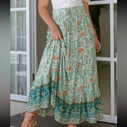 Blue Floral Smocked Waist Maxi Skirt 