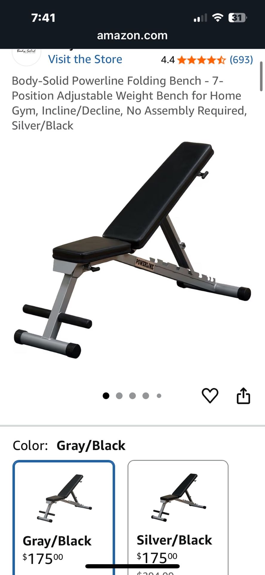 Powerline Folding Bench - 7-Position Adjustable Weight Bench for Home Gym, Incline/Decline