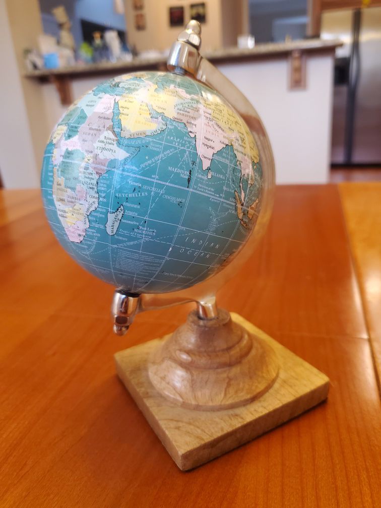 Miniature Globe with Wood Base and Stainless Steel Arm 8” Tall