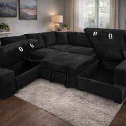 New! 🛋️ Black or Gray Large Sofa Sectional-Sleeper-Storage & USB Charging Corduroy