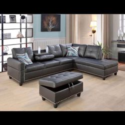 Black Leather Sectional Couch With Drop Down Table 