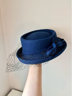 Blue Vintage Woolen Felt Hat with Veil