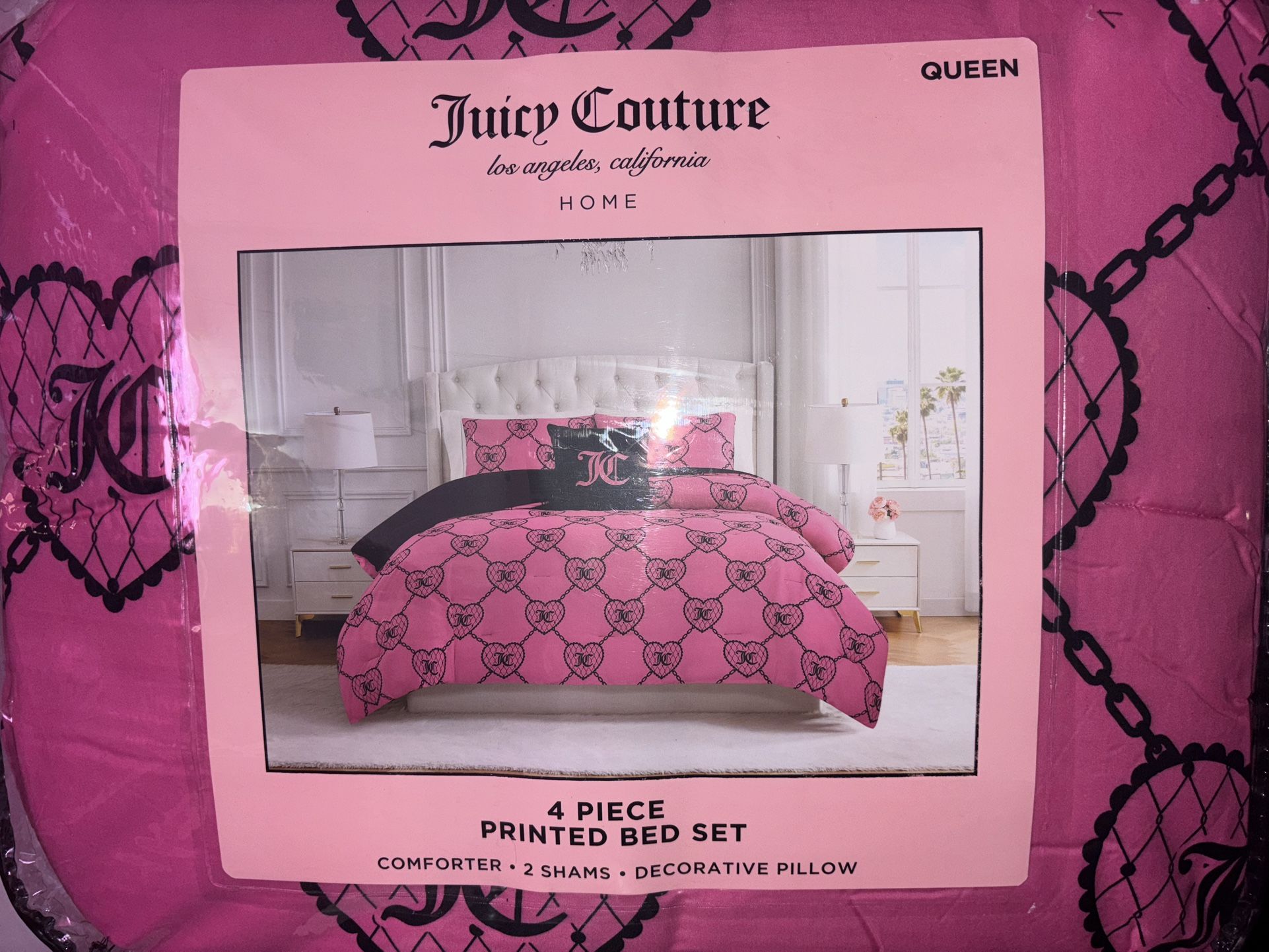 Juicy Couture Hot Pink/Black Hearts & Logos QUEEN 4pc Set Comforter,Shams,Pillow