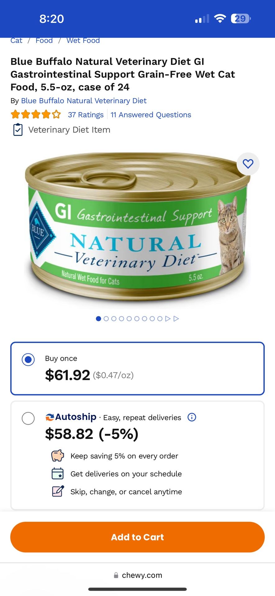 Blue Buffalo Natural Veterinary Diet GI Gastrointestinal Support Grain-Free Wet Cat Food, 5.5-oz, case of 24