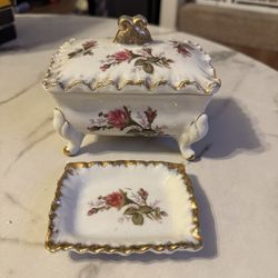 Vintage Japan Rose Trinket Box & Tray