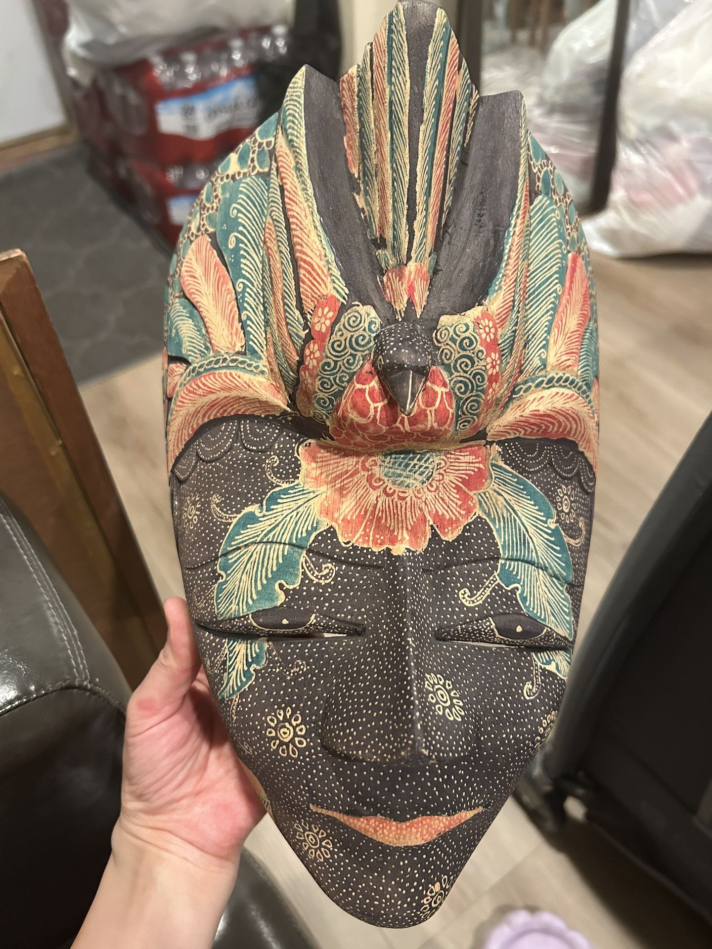 Hand-Carved Wooden Mask with Peacock Motif – Batik Style Wall Decor