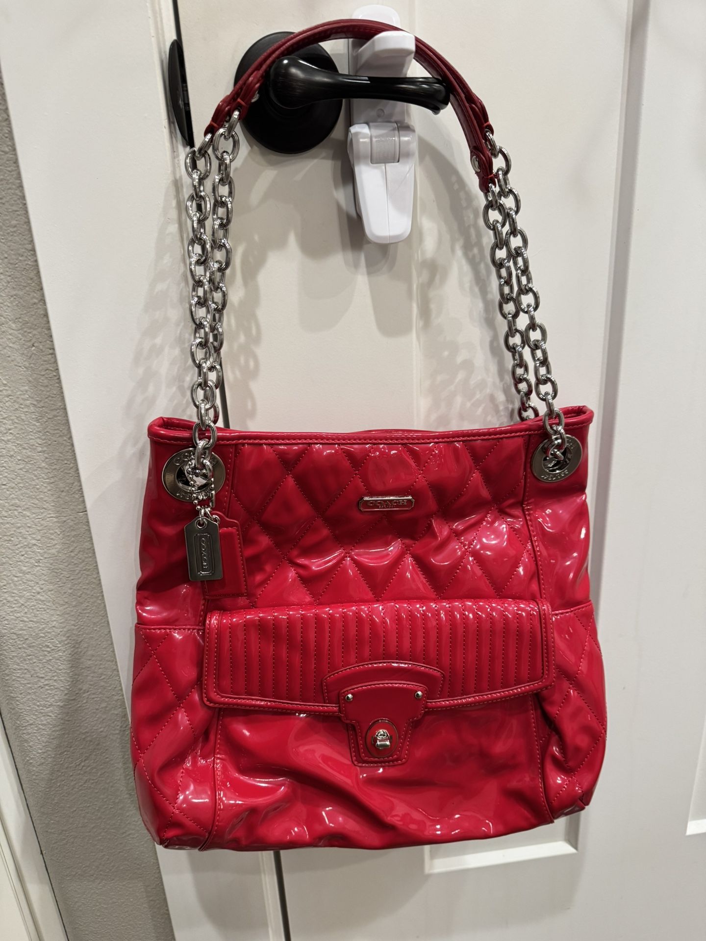 Coach Red Patent Leather Tote Shoulder Bag - Double Chain Straps