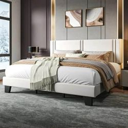King Bed Frame, Velvet Upholstered Platform Bed Frame, Solid Wood Slats & Heavy Duty Feet Support, No Box Spring Needed, Noise-Free, Easy Assembly, Wh
