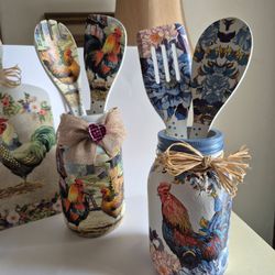 Decoupage Rooster Mason Jar Utensil Holder Sets