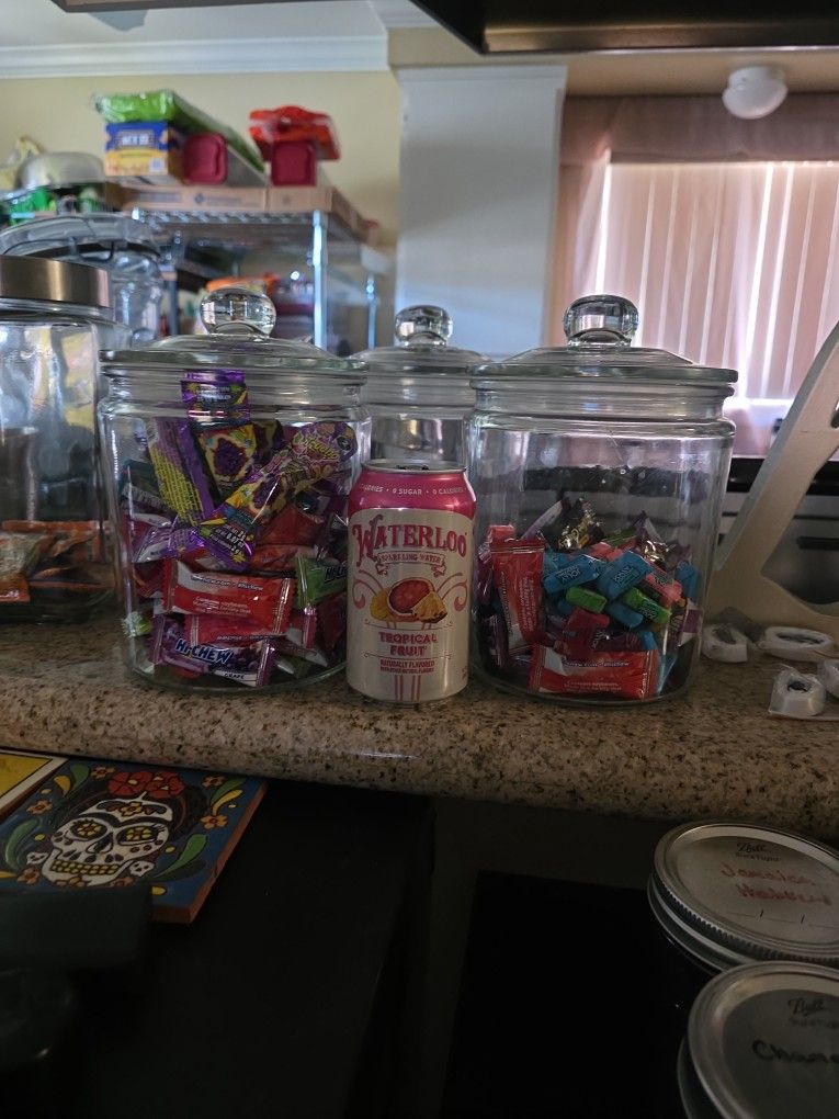 3 Candy Jars 1 Has A Chip On Lid