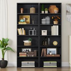 2 pieces Bookcases Floor Standing 6 Tier Shelves 70in Tall for Home Office Industrial Black