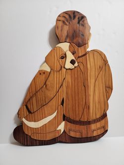 Vintage 3D Wood Intarsia Beagle & Owner Hug "Best Friends" Wall Art Signed Dated