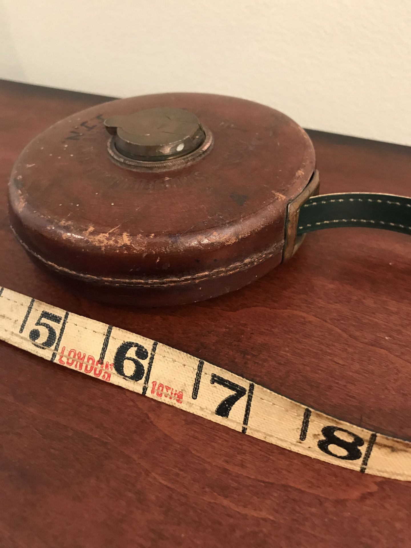 Chesterman Sheffield 50ft Tape Measure Leather Vintage Made in England Initials JJN