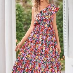 BTFBM Women's One Shoulder Maxi Dress Sleeveless Casual Summer Layered Ruffle Boho Floral Print