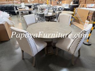 NEW 5 Piece Round Dining Table and Chair Set Distressed Grey RH Restoration Hardware Jerome Ashley Style Nailhead Upholstered Solid Wood Kitchen SALE