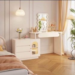 Makeup Vanity with Rectangle Mirror with Lights Modern Cosmetics Table with Storage Carbinet Changing Direction Vanity Desk Dressing Table for Women G