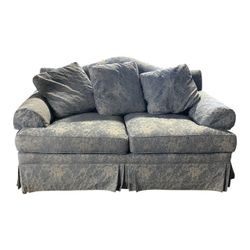 Blue Damask Upholstered Loveseat with Skirt