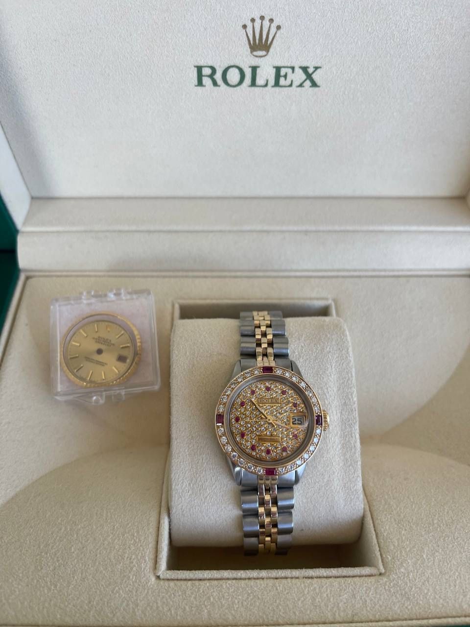 Rolex Datejust 26 26mm ladies yellow gold and stainless steel watch with diamond ruby dial and bezel