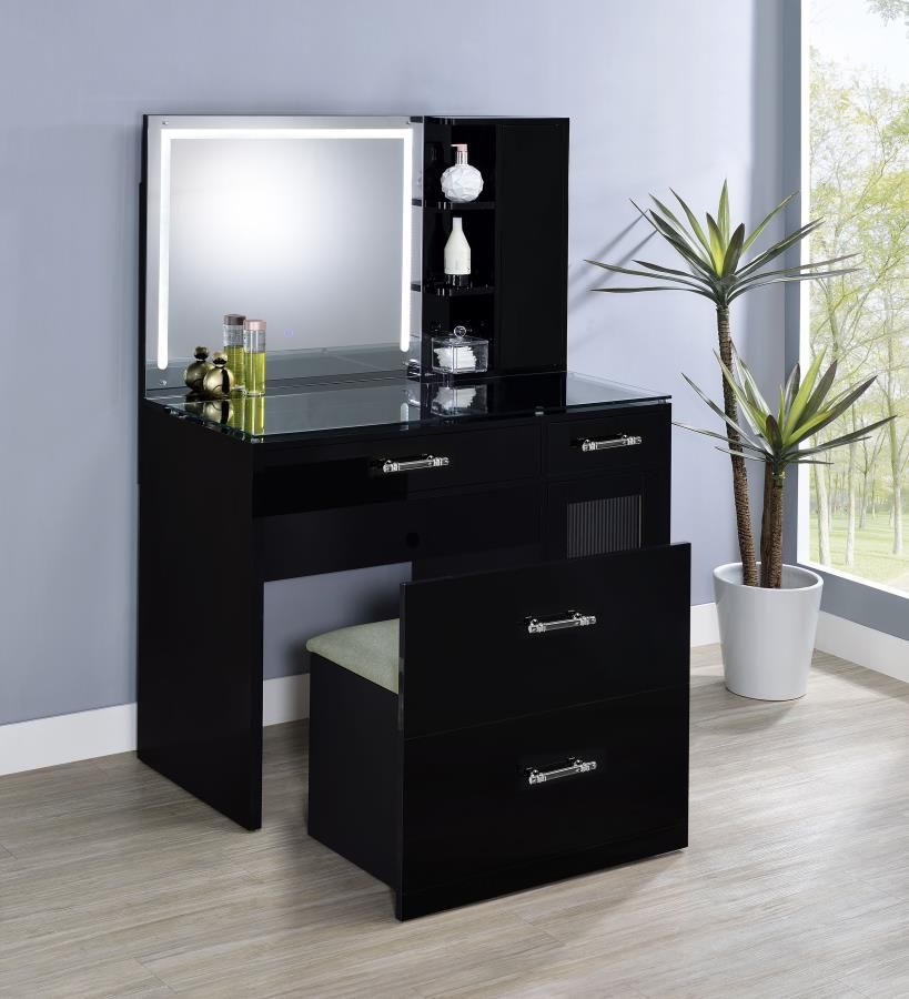 2-drawer Vanity Table Set LED Mirror and Stool Black High Gloss! Lowest Prices Ever!