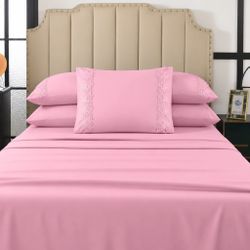 Pink Bed Sheet Set with Lace Trim Pillowcases6 pieces