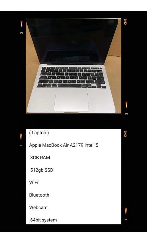 ( Laptop )
Apple MacBook Air A2179 intel i5
Series Webcam 8gb Ram 512gb SSD