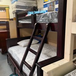 Dark Cherry Double Bunk Bed Twin Over Full With Trundle Drawers Both Mattress Included