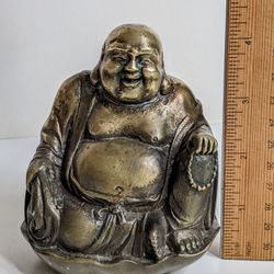 Vtg Brass Maitreya Buddha Statue Lucky Healthy Fortune Buddha