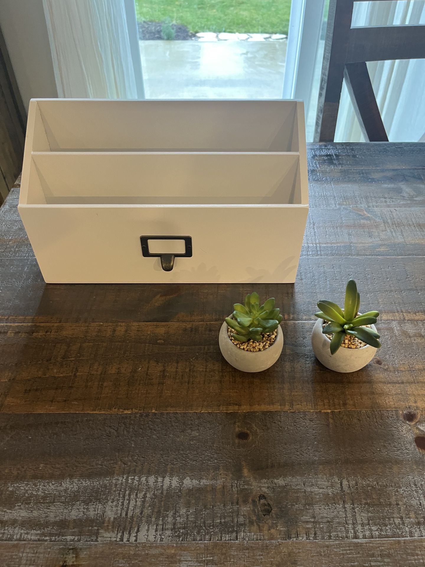 Cost Plus World Market Succulents Faux Plants and white Office / Desk / Bills Organizer (Measures 12” by 4.5”) Decor Like New.