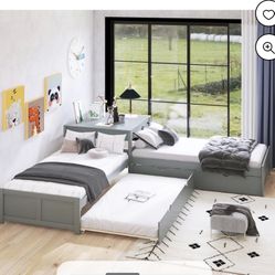 OVERDRIVE L-Shaped Platform Beds with Trundle and Storage Drawers,Wooden Twin Size Corner Bed Frame
