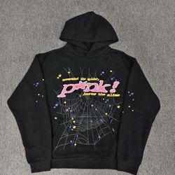 Sp5der “Pink!” Web Graphic Hoodie – Black Pullover Sweatshirt – Size M