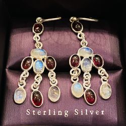 Solid 925 Sterling Silver 13.47cts Natural Ruby And Rainbow Moonstone Earrings Thumbnail
