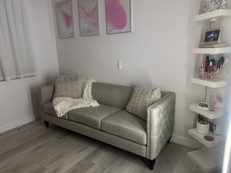 Silver Fabric Sofa with Nailhead Trim